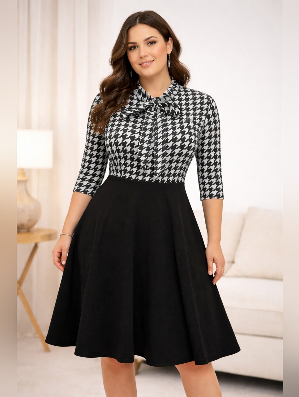 Bedoar Houndstooth Dress W/Bow Tie And Pockets NWOT